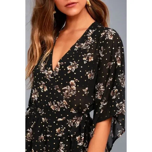 Lulu’s | Midnight Voyage Black Floral Print Romper - Picture 4 of 12